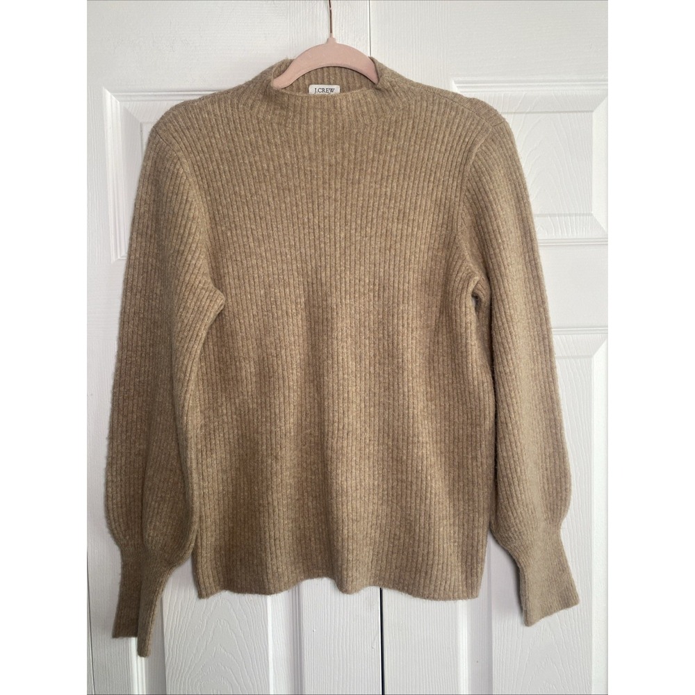 J Crew Womens Small Ribbed Beige Mock Neck Sweater Wool Blend Clean Girl Minimal